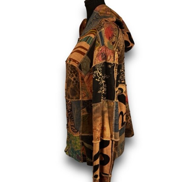 Boho Hoodie Patchwork Hooded Cardigan Cotton Zip Sweater Exposed Seam Earthtones - Picture 4 of 16